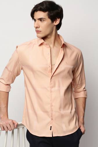 men's long sleeves windowpane checks peach shirt