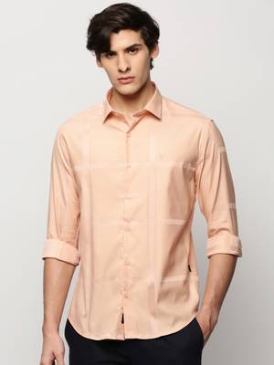 men's long sleeves windowpane checks peach shirt 2
