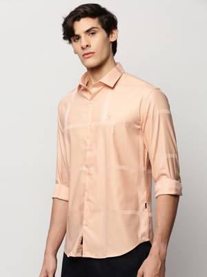 men's long sleeves windowpane checks peach shirt 3