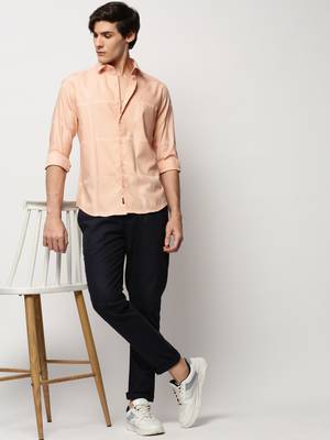 men's long sleeves windowpane checks peach shirt 5