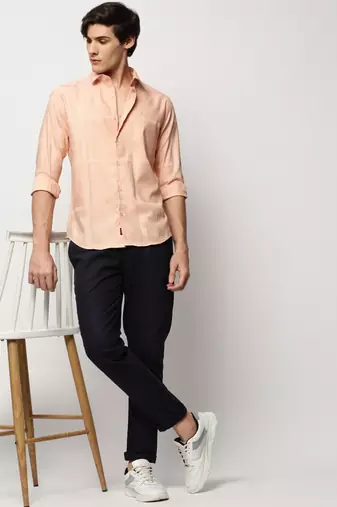 men's long sleeves windowpane checks peach shirt