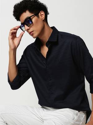 men's long sleeves horizontal stripes navy blue shirt 1