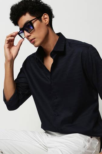 men's long sleeves horizontal stripes navy blue shirt