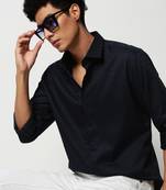 men's long sleeves horizontal stripes navy blue shirt