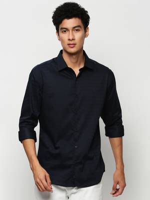 men's long sleeves horizontal stripes navy blue shirt 2