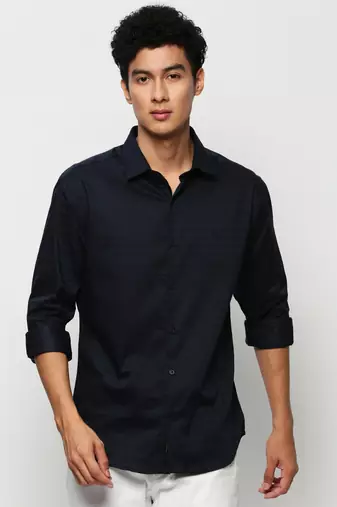 men's long sleeves horizontal stripes navy blue shirt