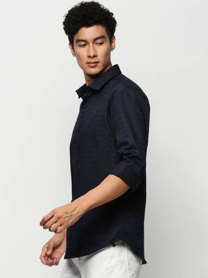 men's long sleeves horizontal stripes navy blue shirt 3