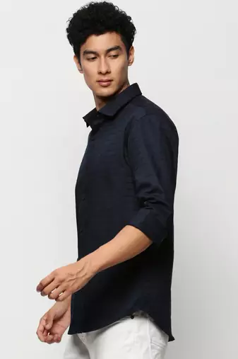 men's long sleeves horizontal stripes navy blue shirt