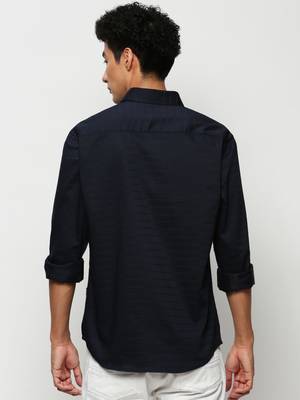 men's long sleeves horizontal stripes navy blue shirt 4