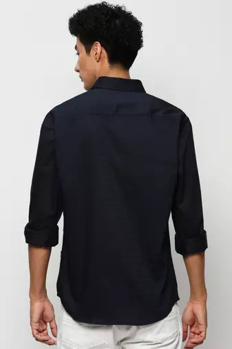 men's long sleeves horizontal stripes navy blue shirt