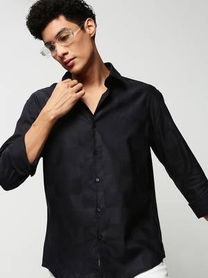 men's long sleeves windowpane checks navy blue shirt 1