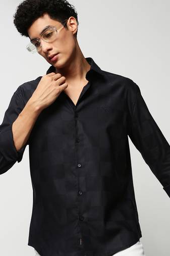 men's long sleeves windowpane checks navy blue shirt