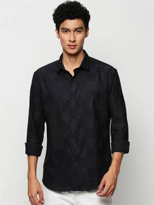 men's long sleeves windowpane checks navy blue shirt 2