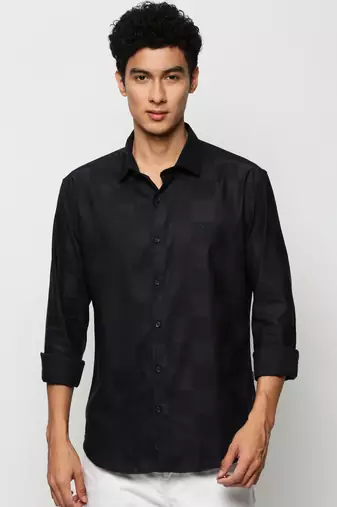 men's long sleeves windowpane checks navy blue shirt