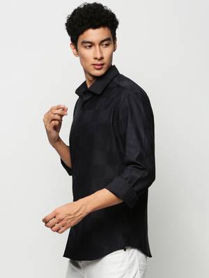 men's long sleeves windowpane checks navy blue shirt 3