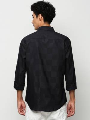 men's long sleeves windowpane checks navy blue shirt 4