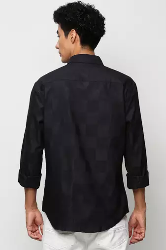 men's long sleeves windowpane checks navy blue shirt