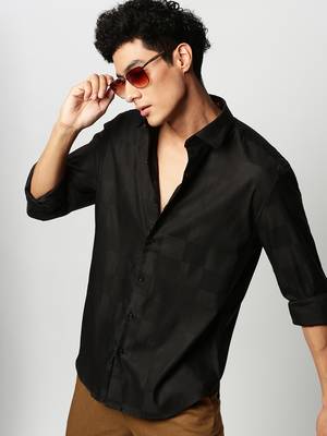 men's long sleeves windowpane checks black shirt 1