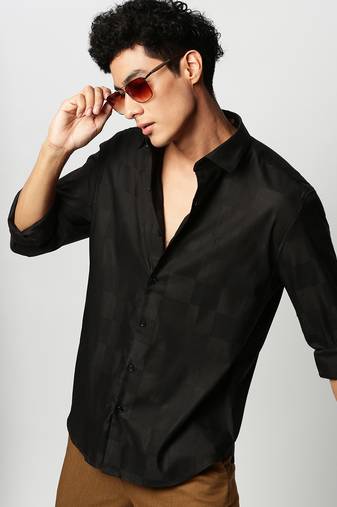 men's long sleeves windowpane checks black shirt