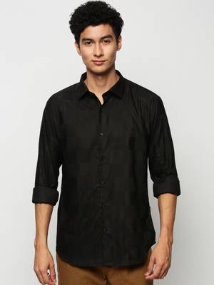 men's long sleeves windowpane checks black shirt 2