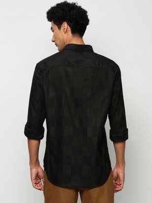 men's long sleeves windowpane checks black shirt 4