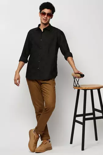 men's long sleeves windowpane checks black shirt