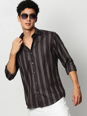 men's long sleeves vertical stripes grey shirt 1