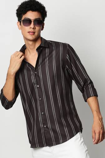 men's long sleeves vertical stripes grey shirt