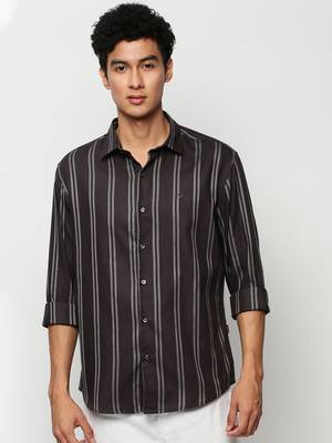 men's long sleeves vertical stripes grey shirt 2