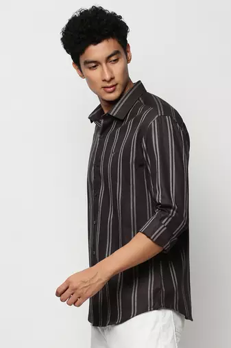 men's long sleeves vertical stripes grey shirt