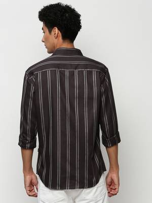men's long sleeves vertical stripes grey shirt 4
