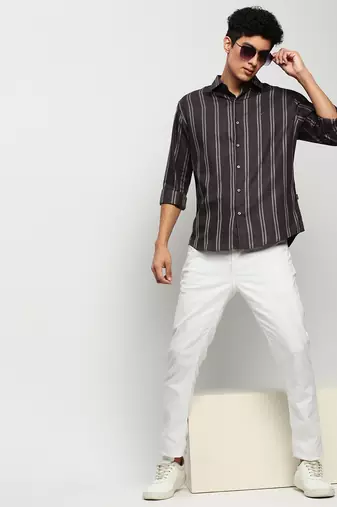 men's long sleeves vertical stripes grey shirt