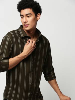 men's long sleeves vertical stripes olive shirt 1