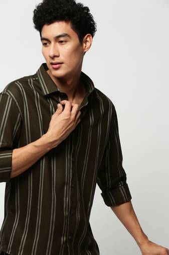 men's long sleeves vertical stripes olive shirt