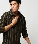 men's long sleeves vertical stripes olive shirt