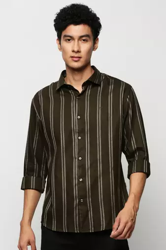 men's long sleeves vertical stripes olive shirt