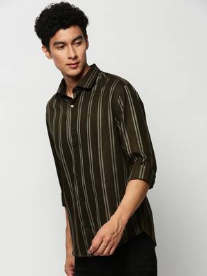 men's long sleeves vertical stripes olive shirt 3