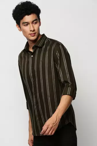 men's long sleeves vertical stripes olive shirt