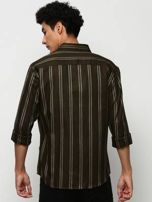 men's long sleeves vertical stripes olive shirt 4