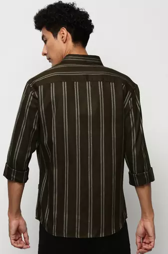 men's long sleeves vertical stripes olive shirt