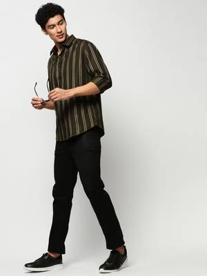 men's long sleeves vertical stripes olive shirt 5