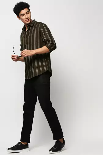 men's long sleeves vertical stripes olive shirt