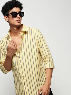 men's long sleeves vertical stripes yellow shirt 1