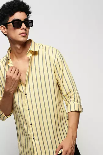 men's long sleeves vertical stripes yellow shirt