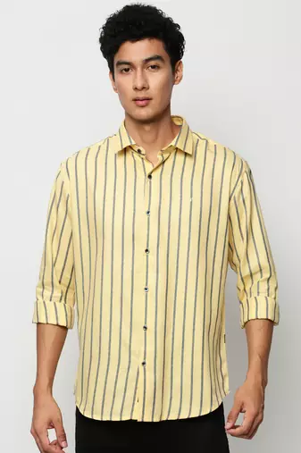 men's long sleeves vertical stripes yellow shirt