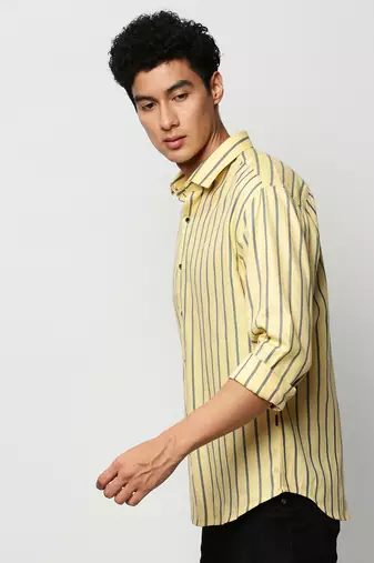 men's long sleeves vertical stripes yellow shirt