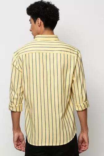 men's long sleeves vertical stripes yellow shirt