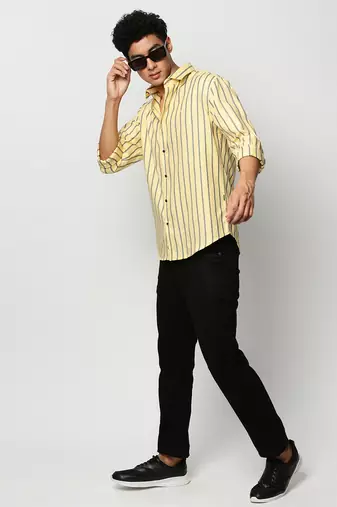 men's long sleeves vertical stripes yellow shirt