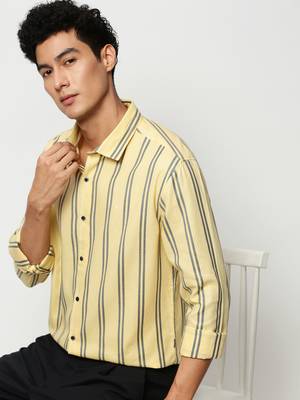 men's long sleeves vertical stripes yellow shirt 1