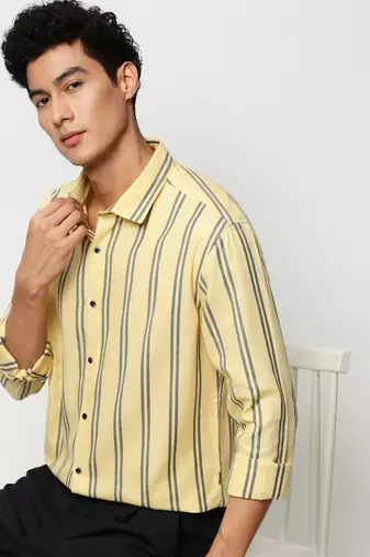 men's long sleeves vertical stripes yellow shirt
